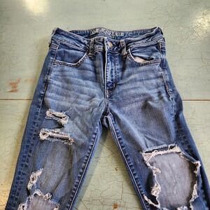 American Eagle Jegging Size 8 Blue Super Stretch X Distressed